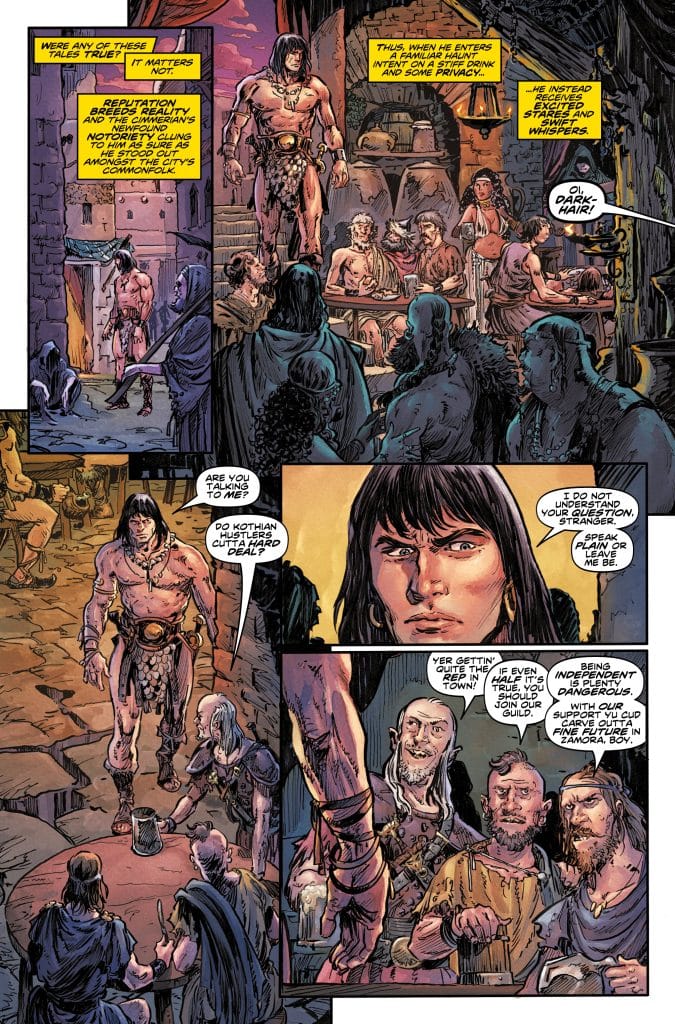 A comic book panel featuring a muscular man in a loincloth standing in a tavern surrounded by a group of people. The atmosphere appears tense as a couple of figures engage in conversation, while others look on curiously. Speech bubbles depict dialogue involving themes of reputation and independence.