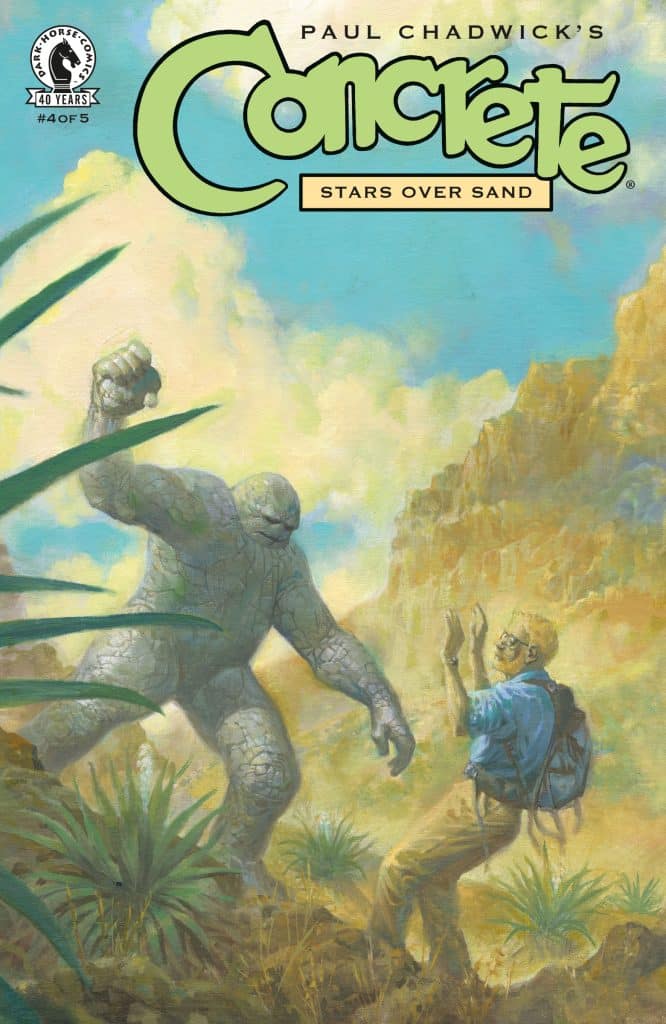 A giant, humanoid stone creature towers over a surprised man in a desert landscape, surrounded by sparse vegetation and rocky terrain. The comic book cover features the title 'Concrete: Stars Over Sand' at the top.