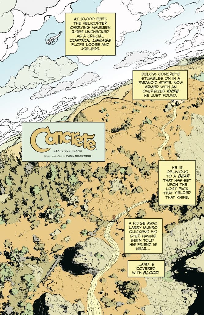 Comic page depicting a helicopter at 10,000 feet and a character named Concrete below, armed with an oversized knife. The scene shows a mountainous landscape with trees and a river, along with text narrating the situation.