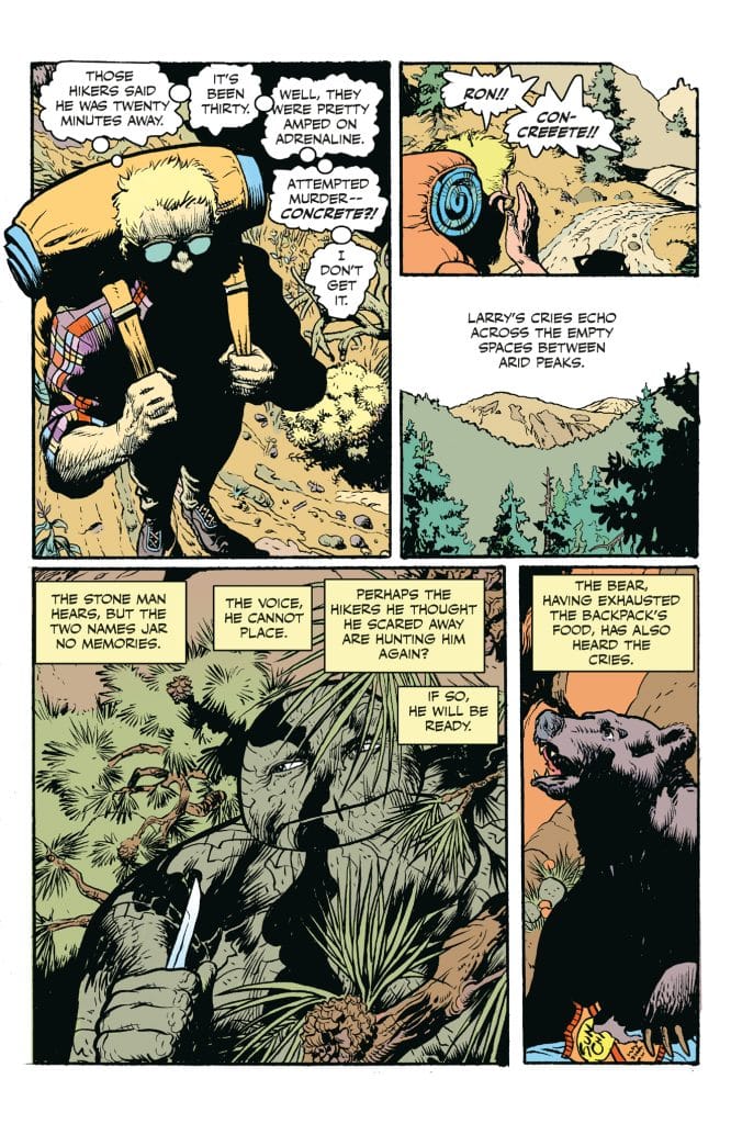 Comic panel depicting a conversation between hikers, discussing a missing person and their fears in a wooded area. The scene shows a hidden figure amidst the trees and a bear reacting to the sounds.