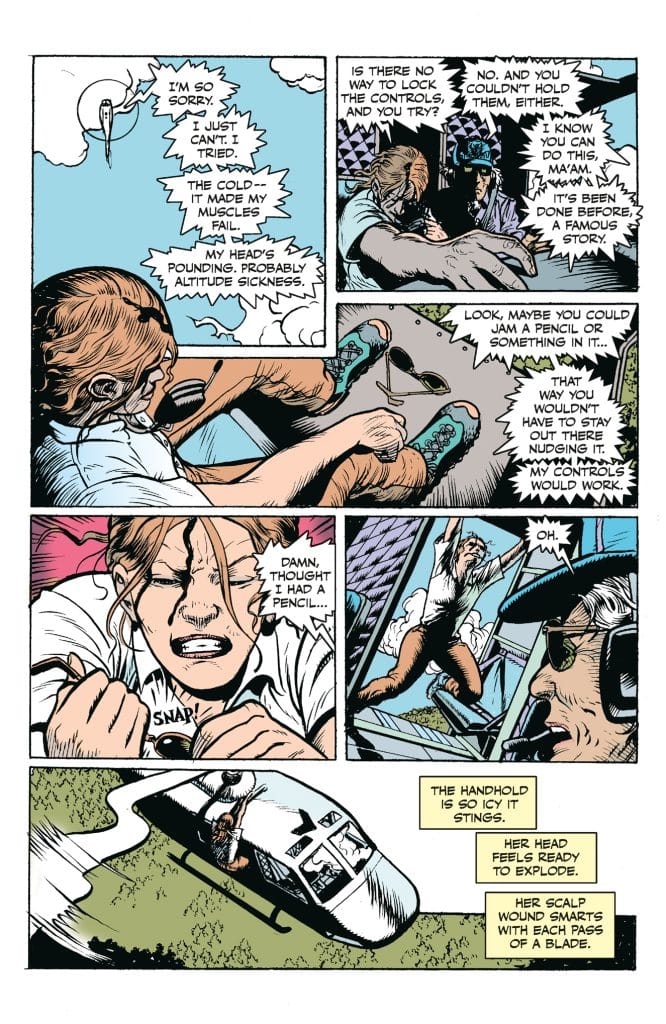 A comic panel featuring two individuals in a helicopter setting, with one character expressing distress about altitude sickness while the other suggests using a pencil to jam the controls. The background shows a landscape as the helicopter flies.