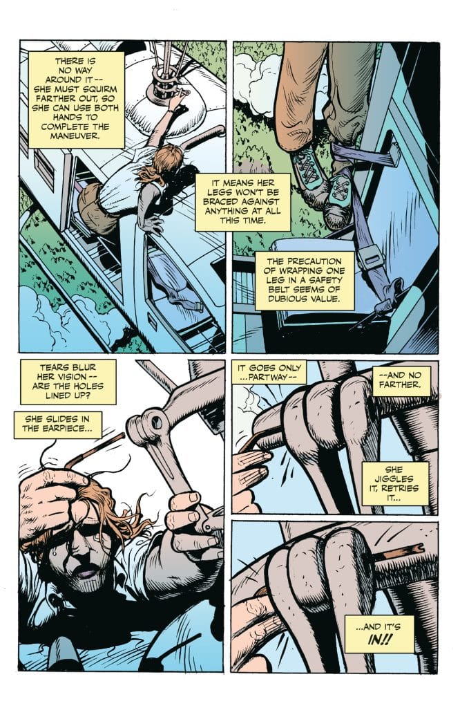 A comic panel depicting a tense scene with a character struggling to maneuver while using both hands. The character expresses concern over their positioning and safety, with dialogue that highlights their focus and determination.