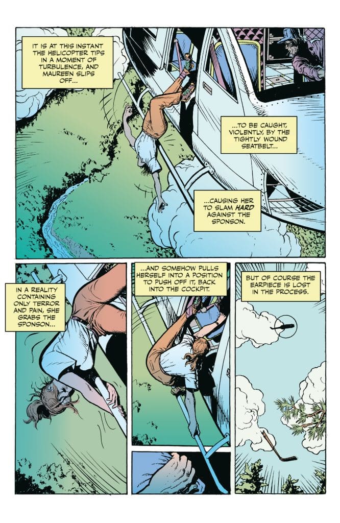 A comic-style illustration showing a moment of tension in a helicopter, depicting a character slipping and struggling to regain their balance while holding onto a part of the helicopter, surrounded by turbulent clouds.