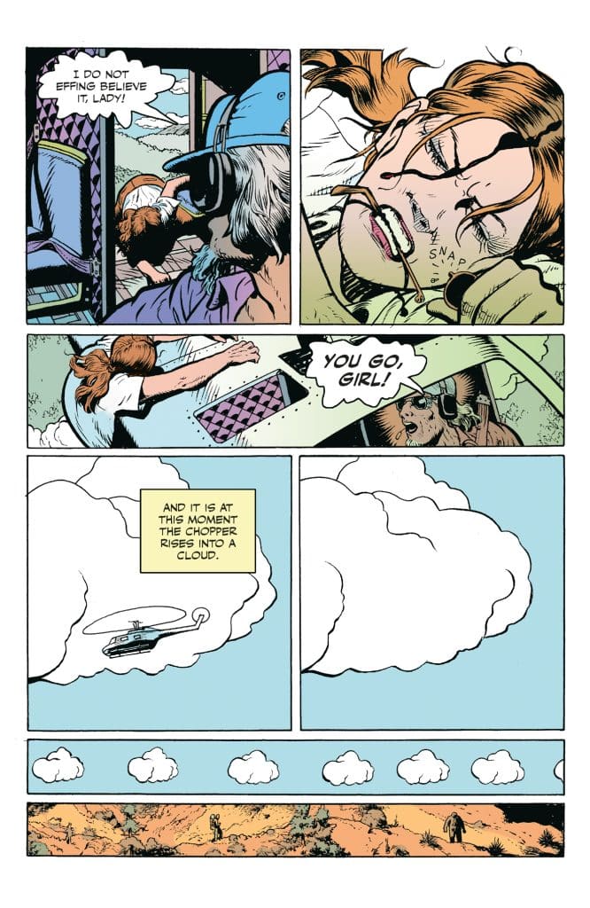 Comic panel showing a woman with red hair and a determined expression, alongside a man in a blue cap. The woman is reacting to a situation with enthusiasm, while a helicopter rises into a cloud in the background.