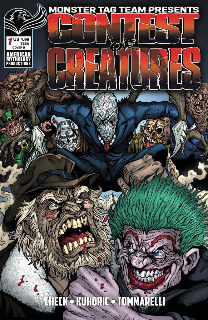Comic book cover for 'Contest of Creatures' featuring various monstrous characters, including a creature in a suit, a clown with green hair, and other grotesque figures, set against a dark background.
