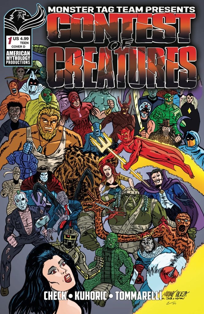 Comic book cover titled 'Contest of Creatures', featuring various monsters and characters in dynamic poses, showcasing a colorful battle scene with a mix of horror and superhero elements.