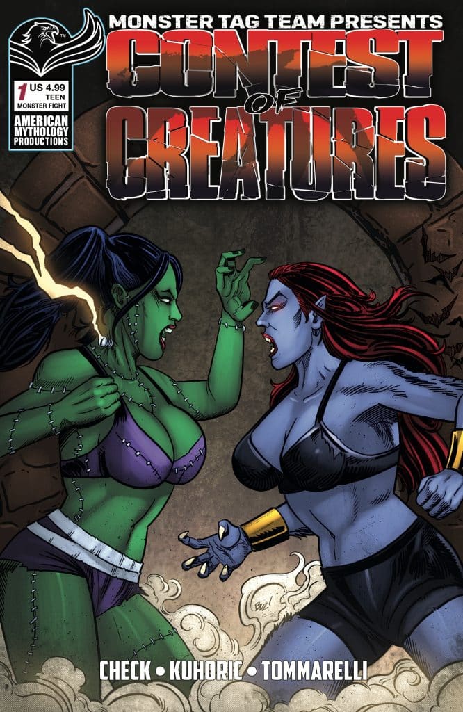 Cover of 'Contest of Creatures' comic featuring two monster women in an intense standoff, one with green skin and the other with blue skin, set against a dramatic background.