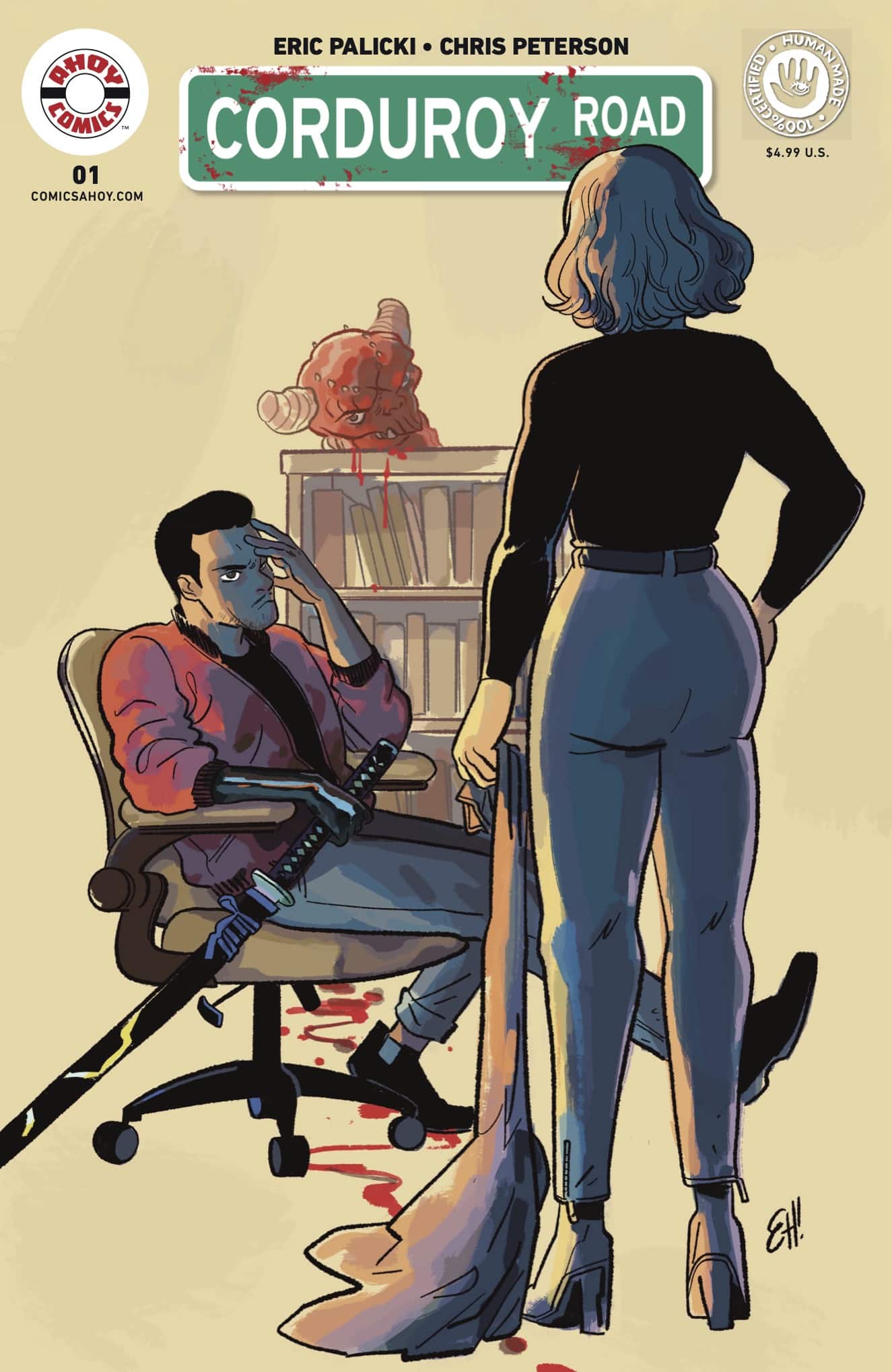 Comic book cover for 'Corduroy Road' featuring a man sitting in a chair with a sword, looking concerned, while a woman stands behind him, facing away, in a dramatic pose. Blood is seen on the floor and a bizarre creature is visible in the background.
