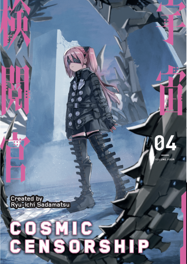 Cover art of the fourth volume of 'Cosmic Censorship' featuring a girl with pink hair and a blindfold, dressed in a black coat and boots, standing amidst dark, abstract shapes in a futuristic setting.