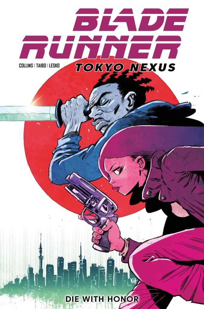 Comic book cover for 'Blade Runner: Tokyo Nexus' featuring a character holding a sword and another character aiming a gun, set against a backdrop of a stylized Tokyo skyline with a large red circle.