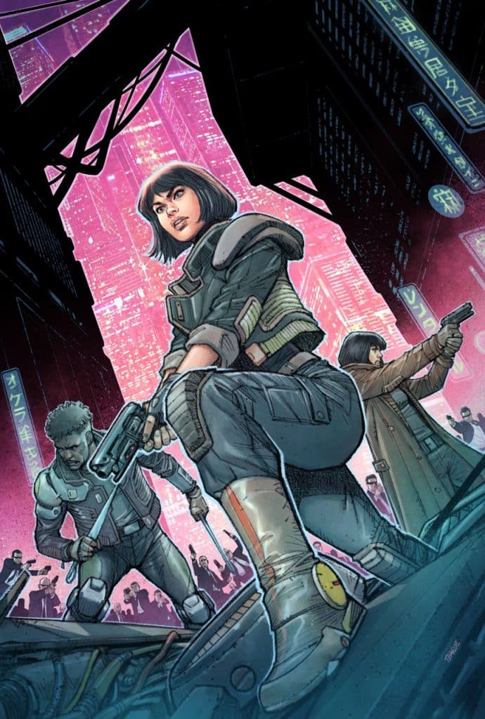 A futuristic scene featuring three characters in an urban setting, with neon lights and skyscrapers in the background. A young woman in tactical gear is in the foreground holding a gun, while a man beside her is preparing his weapon. Another male figure is positioned in a crouched stance, creating a dynamic action-packed atmosphere.