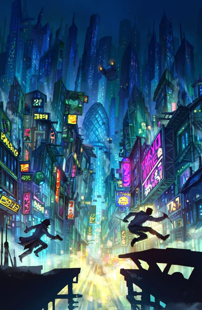 A futuristic cityscape illuminated by neon lights, featuring tall skyscrapers and vibrant advertisements. Two silhouetted figures are shown in mid-air, leaping across a bridge amid the bustling urban environment.