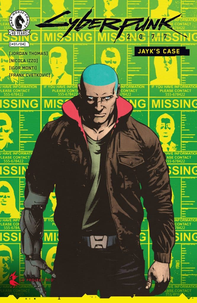 Comic book cover for 'Cyberpunk 2077: Jayk's Case' featuring a muscular character with blue hair and a cybernetic arm, standing against a green background with multiple 'Missing' posters.