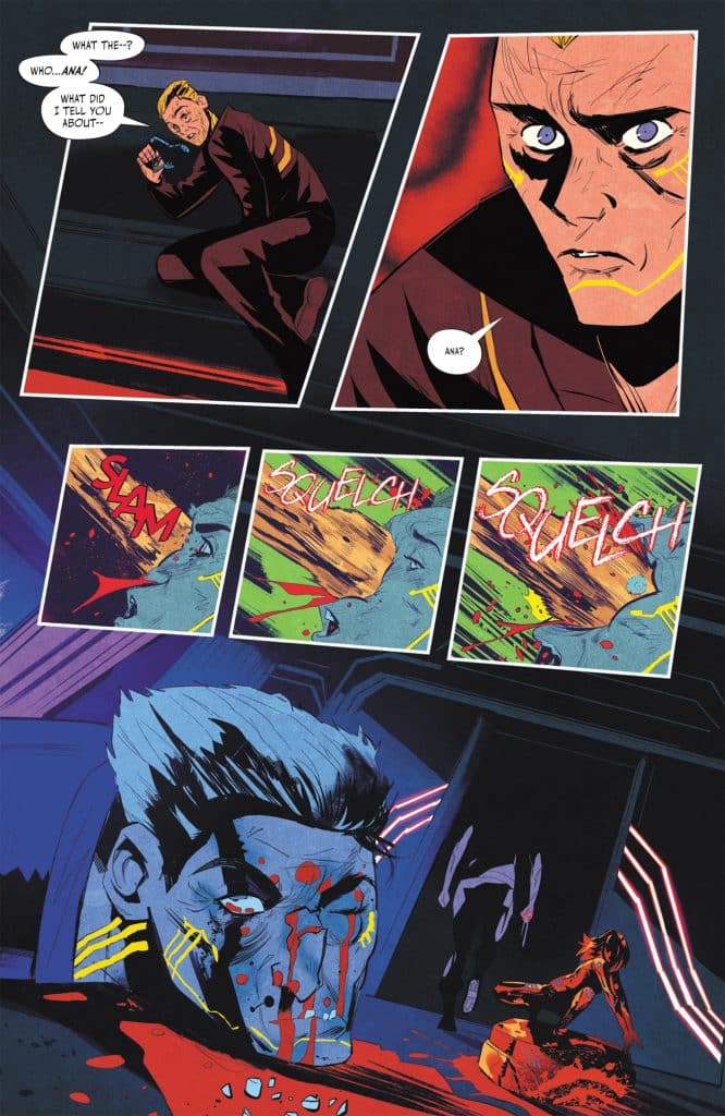 A dramatic comic book scene showing a character in shock as they hold a gun, with vibrant colors and action words like 'SLAM' and 'SQUELCH' emphasizing the intensity of the moment. A figure appears to be in distress in the foreground, and there is a sense of chaos and violence.