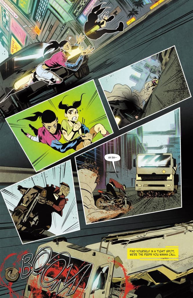 Comic panel depicting an action scene with two characters running in a futuristic cityscape, avoiding danger and a vehicle crash, with dynamic movement and colorful graphics.