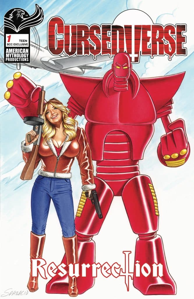Comic book cover featuring a blonde woman holding a gun and posing confidently alongside a large red robot. The title 'Cursed Verse' is prominently displayed at the top, with 'Resurrection' written at the bottom.