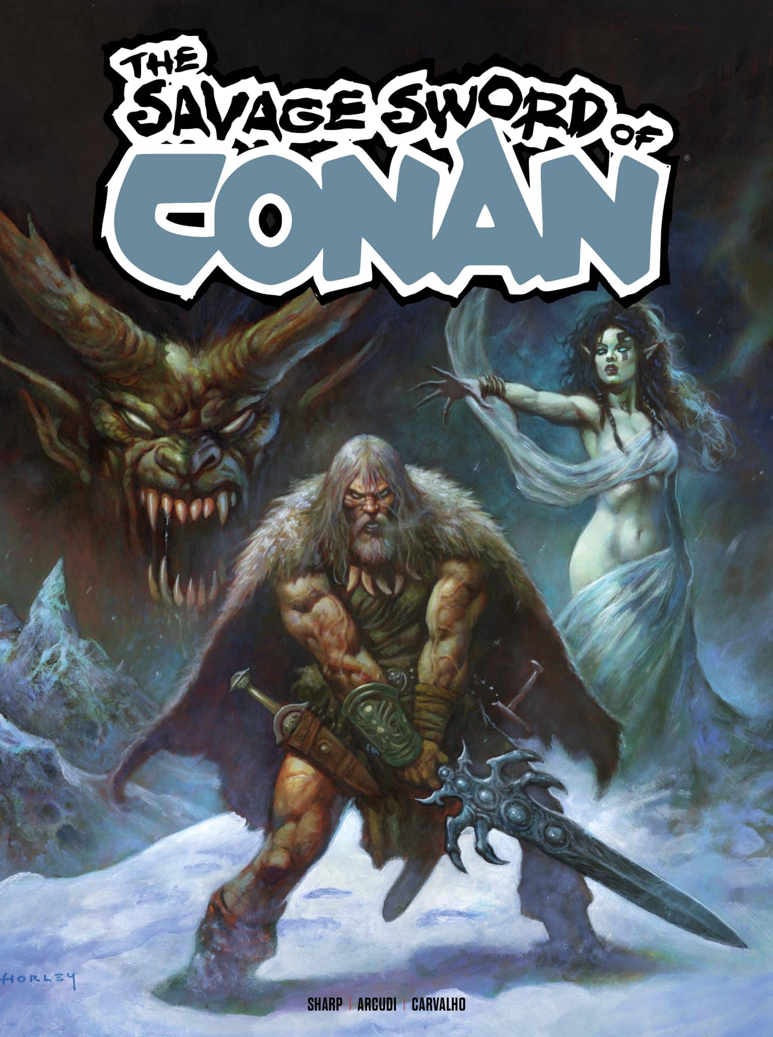 Cover art of 'The Savage Sword of Conan' featuring a muscular warrior with a sword, a menacing creature in the background, and a mystical woman in flowing garments, set against a snowy landscape.