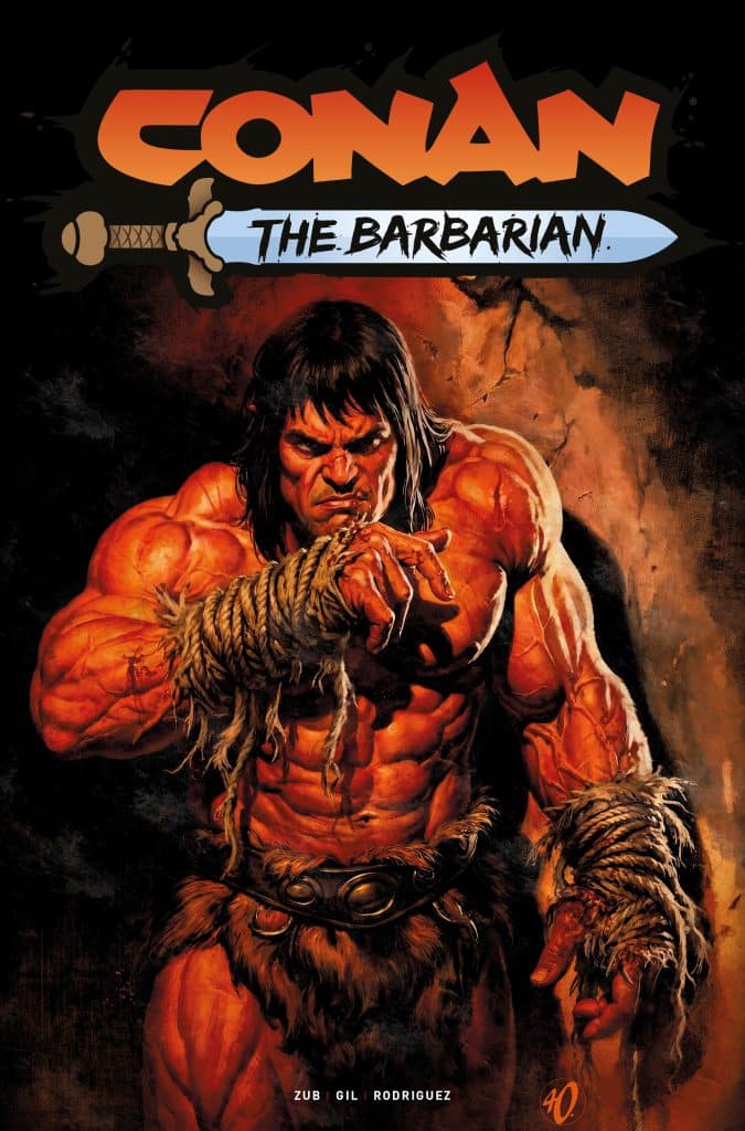 Cover of Conan the Barbarian comic featuring a muscular Conan with a fierce expression, wearing a fur loincloth and holding a weapon, against a dark background.