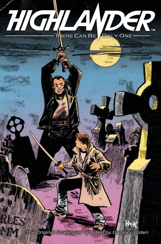 Comic book cover featuring two characters in a graveyard, one wielding a sword and the other appearing defensive, under a full moon with tombstones visible in the background.