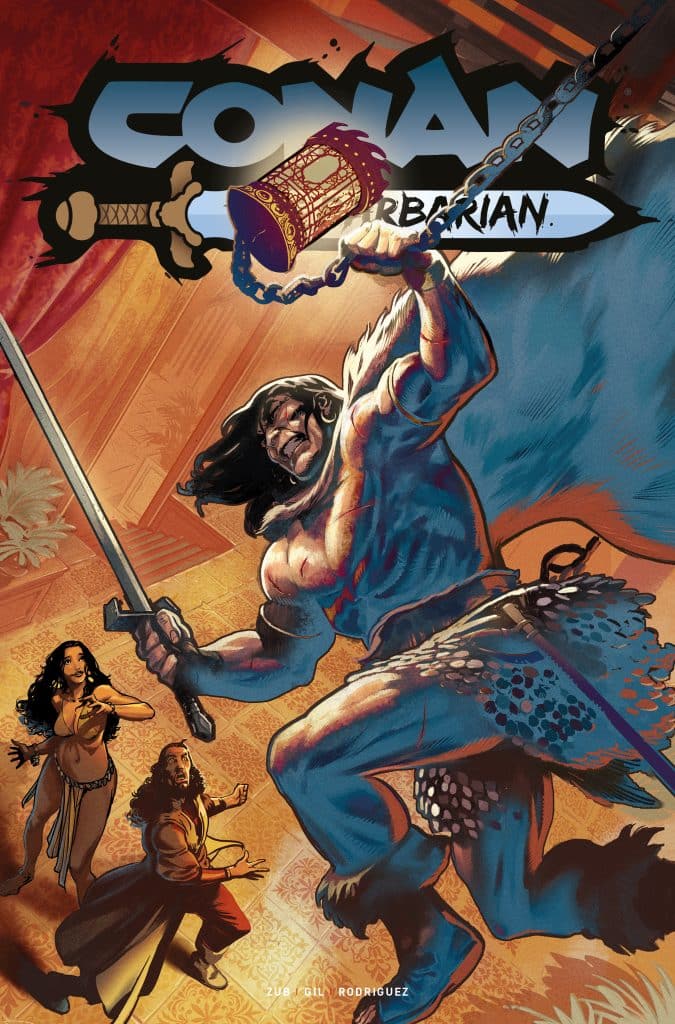 A comic book cover featuring Conan the Barbarian in a dynamic pose, wielding a sword and a captured enemy weapon, with a bold title at the top. Two characters in the foreground react with surprise or fear, set against an ornate background.