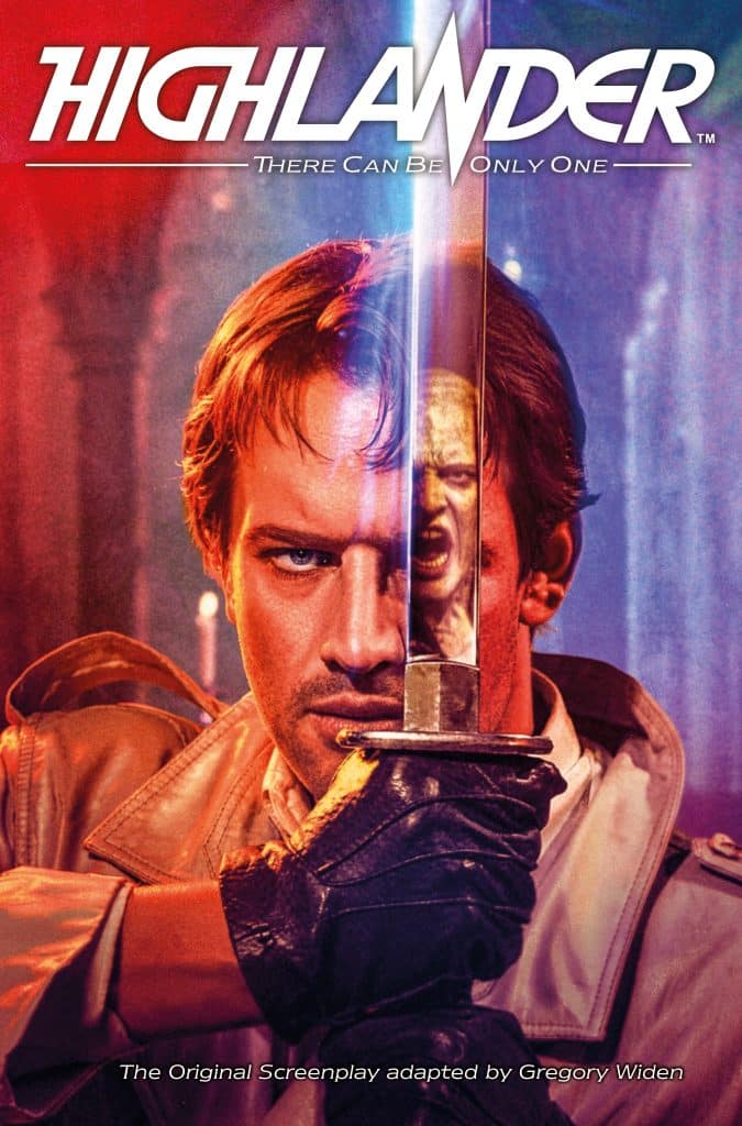 Movie poster for Highlander featuring a main character holding a sword with a dramatic expression, colorful background with light effects.