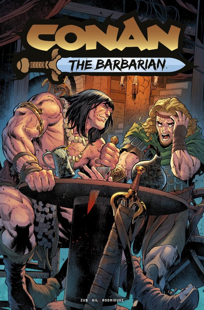 A comic book cover featuring Conan the Barbarian and another character seated at a table, with swords and mugs in a medieval setting.