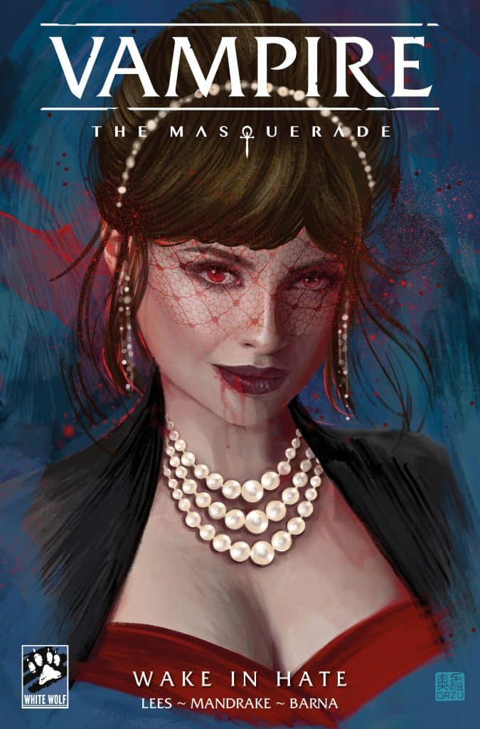 Art for 'Vampire: The Masquerade - Wake in Hate' featuring a mysterious woman with dark hair, wearing pearls and a red outfit, with blood on her lips and a dramatic background.
