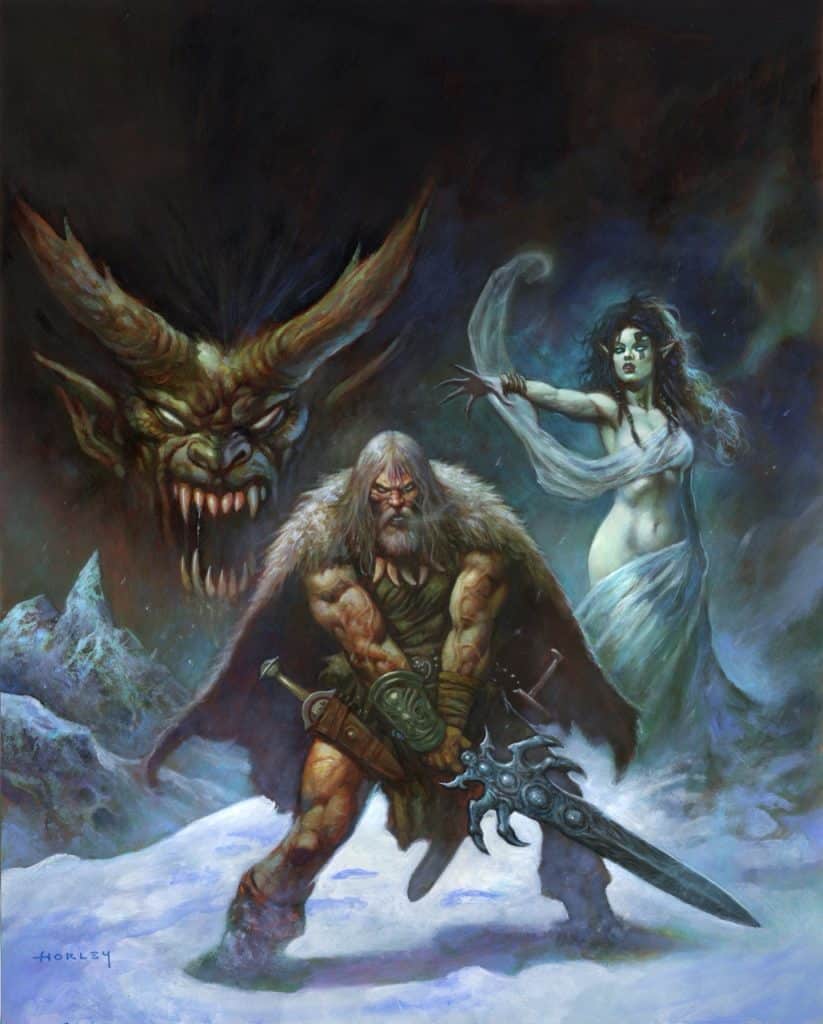 A muscular warrior wielding a sword stands in a snowy landscape, accompanied by a ghostly woman and a menacing dragon-like creature in the background.