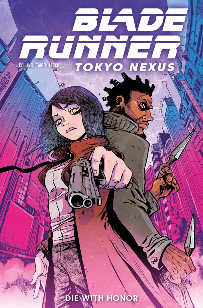 Cover art of 'Blade Runner: Tokyo Nexus' featuring a female character pointing a gun and a male character holding a knife, set against a vibrant cityscape.