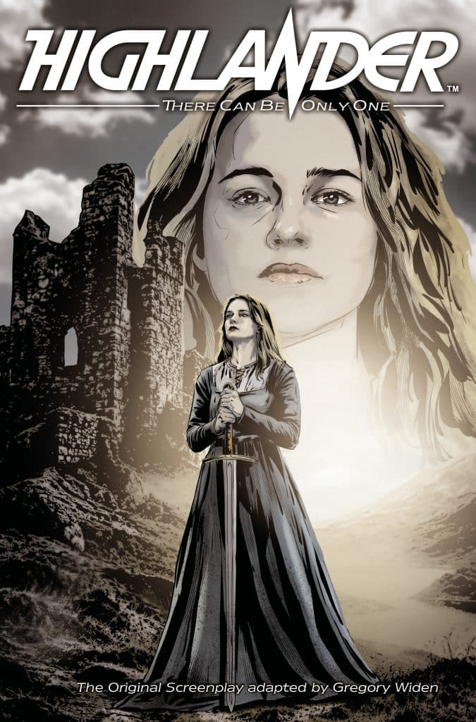 Comic book cover for 'Highlander' featuring a female character in a black dress holding a sword, with a castle ruins in the background and the title prominently displayed at the top.