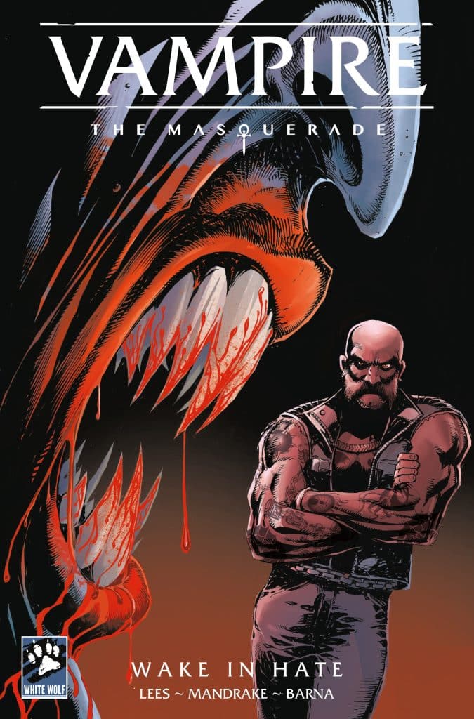 Cover art for 'Vampire: The Masquerade - Wake in Hate' featuring a muscular man with a shaved head and a beard, standing confidently with his arms crossed, against a dark background with a large, menacing vampire mouth outlined in red.