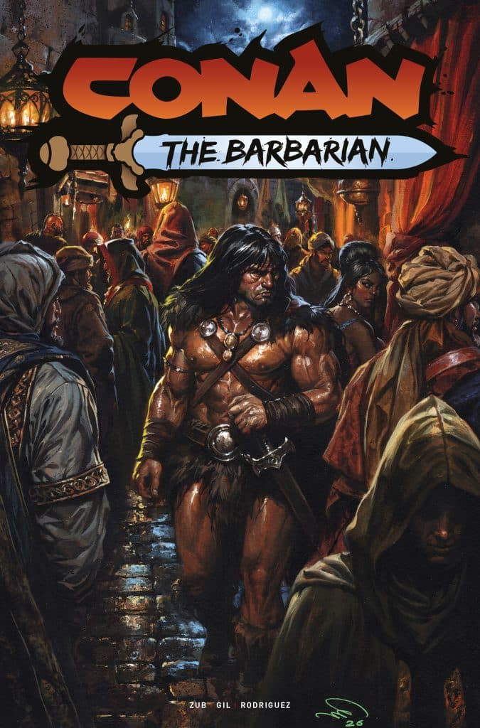 Cover of 'Conan the Barbarian' comic featuring the character Conan in a bustling market scene, surrounded by various figures in cloaks and traditional attire.