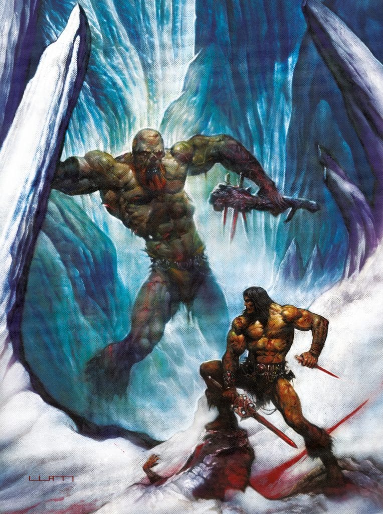 A muscular warrior with swords confronts a giant ice creature in a dramatic, frozen landscape, with blood on the ground.