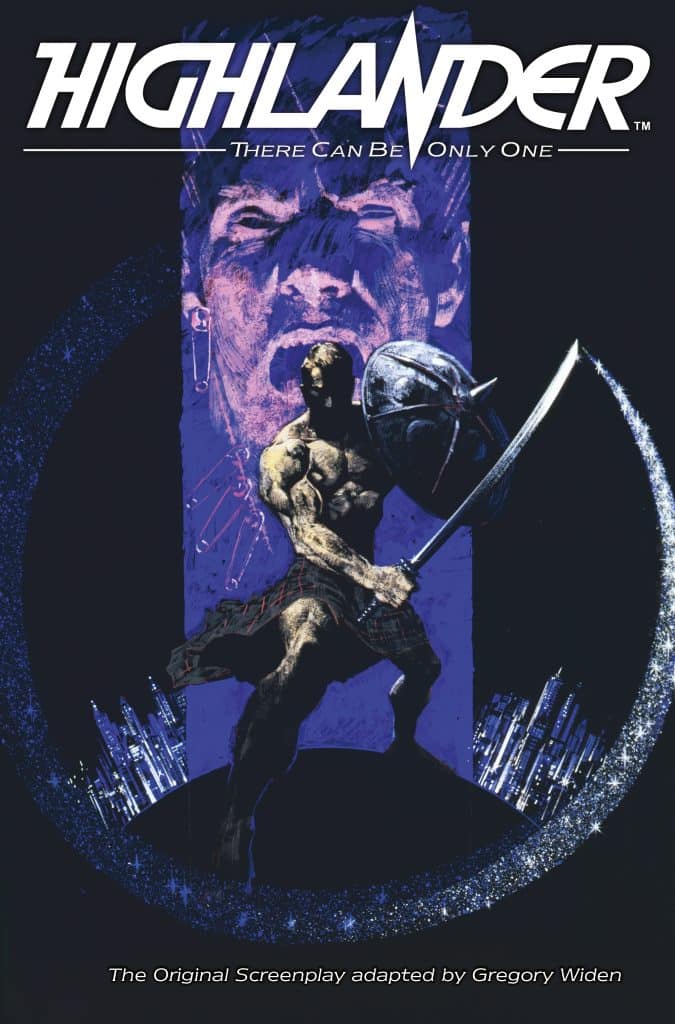 Cover artwork for 'Highlander,' featuring a warrior in a kilt holding a sword with a city skyline in the background and a dramatic face in the backdrop.