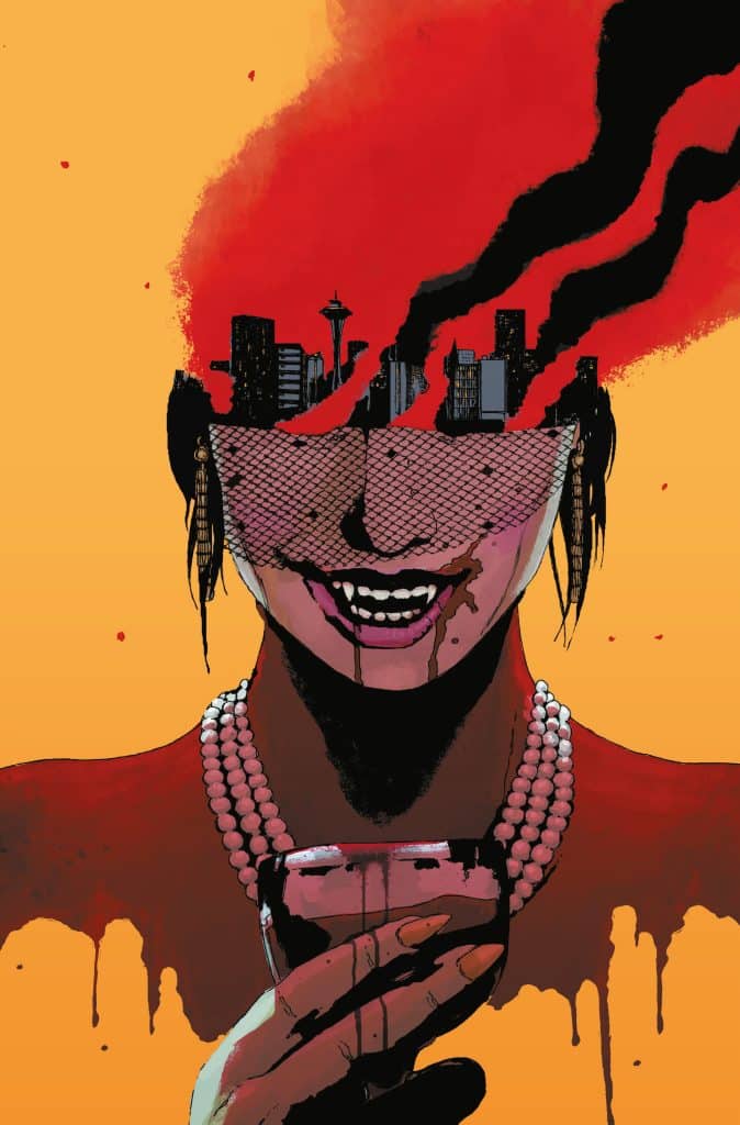 An artistic illustration of a woman with a city skyline emerging from her head, painted in vibrant colors. The woman is holding a drink, with a mischievous smile and dripping paint effects, set against an orange background.