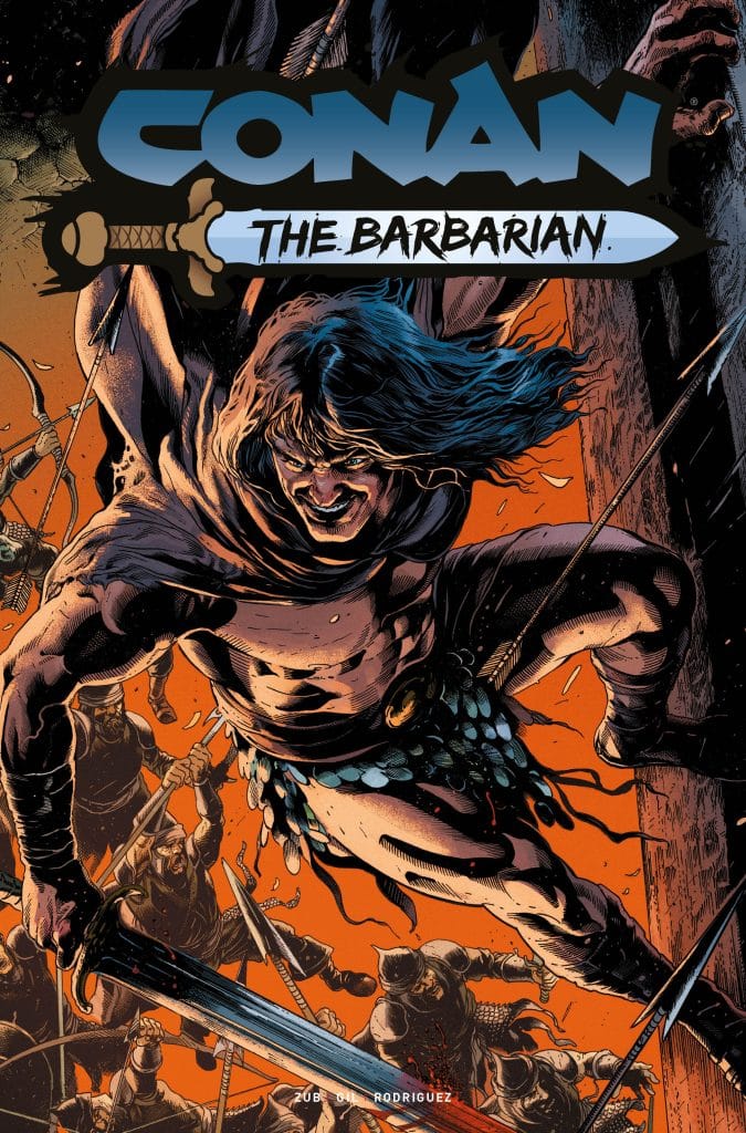 Comic book cover featuring Conan the Barbarian in an action pose, brandishing a sword while battling a group of adversaries in a vibrant orange and dark background.