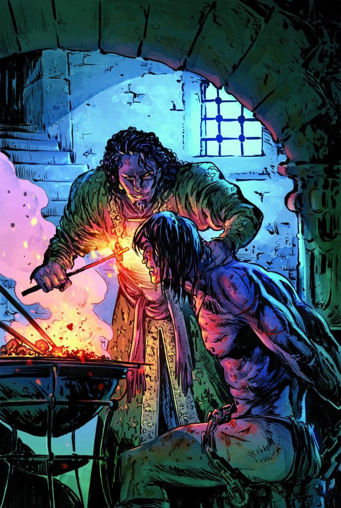 A dark, moody illustration depicting a muscular man in chains, seated in front of a forge, while another figure leans over, focusing on the glowing coals.