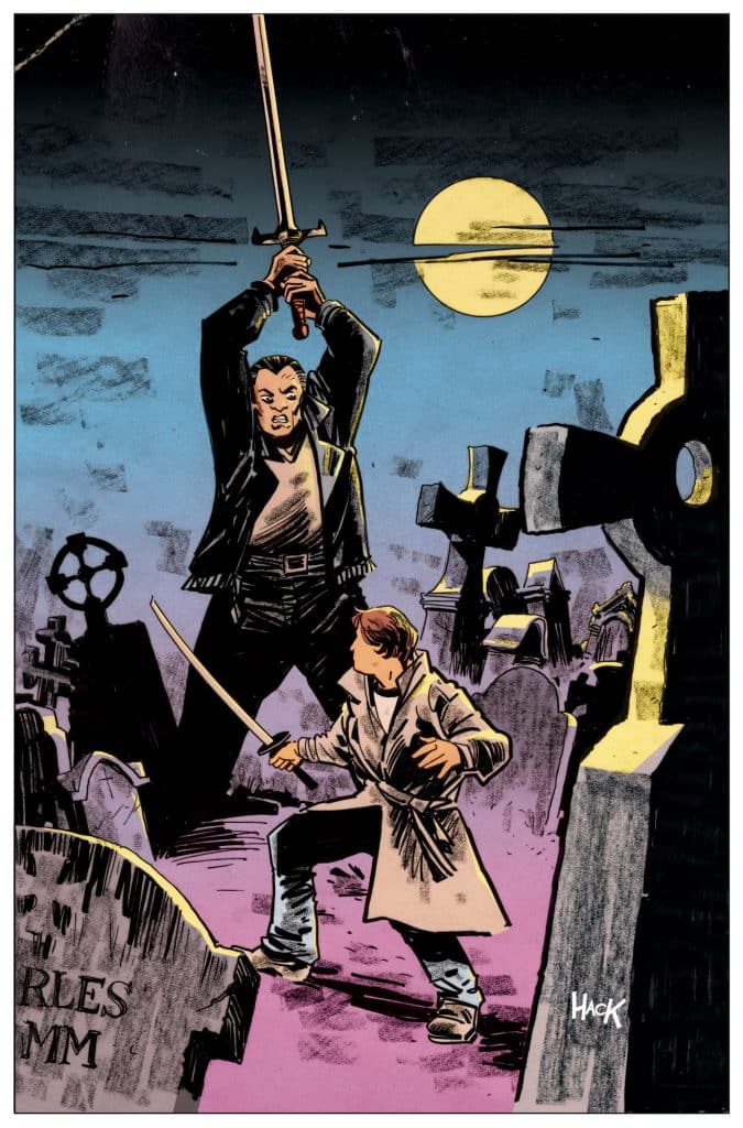 A dramatic scene in a graveyard featuring two characters engaged in a sword fight under a full moon. One figure is in a black leather jacket wielding a sword above their head, while the other, dressed in a light coat, appears ready to defend. Tombstones and a dark sky set the eerie atmosphere.