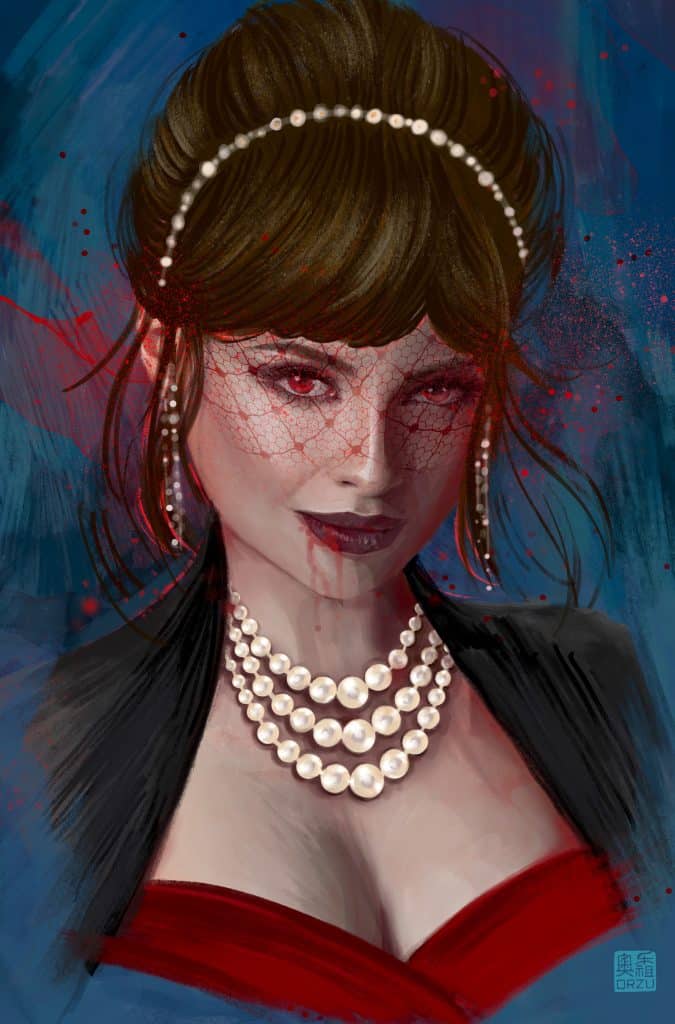 A digital painting of a woman with dark hair styled in a bun, wearing a red dress and multiple strands of pearls. She has a dramatic expression with red-tinted features and blood accents, set against a blue background.