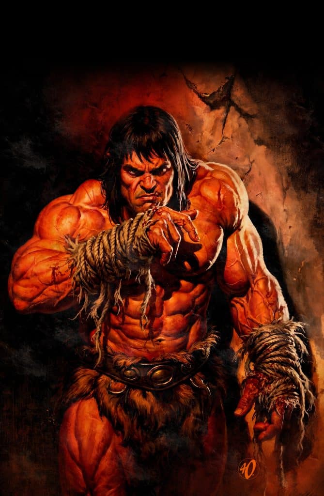 A muscular, shirtless warrior with long black hair, looking intensely at the viewer, standing against a dark, textured background. He is partially bound with ropes, and his arms show significant muscle definition.