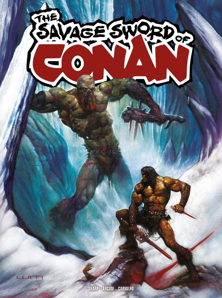 Cover art for 'The Savage Sword of Conan' featuring a muscular Conan wielding dual swords, facing a monstrous creature amidst a frozen landscape.