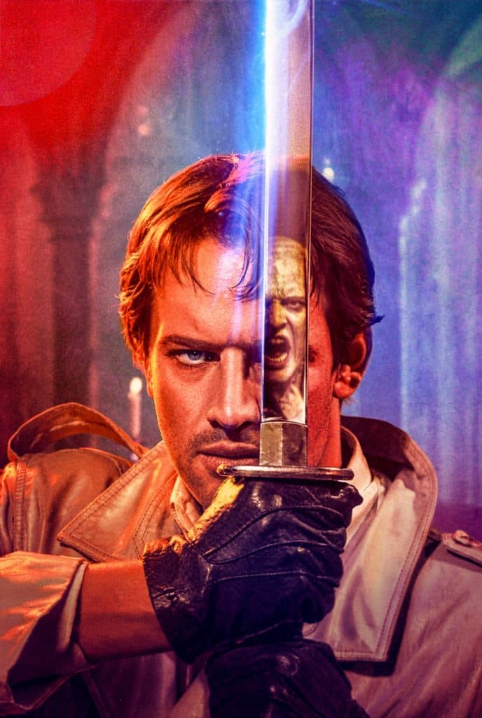 A close-up portrait of a man with tousled hair holding a sword, reflecting a fierce expression. The sword features a glowing light effect. The background includes dramatic lighting with hues of red and blue.
