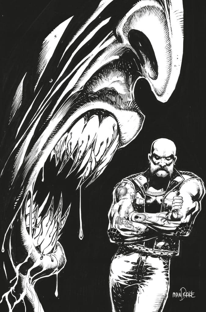 A muscular man with a beard, wearing a leather vest, stands confidently with his arms crossed. Behind him is a large, monstrous face with sharp teeth and dripping saliva, set against a dark background.