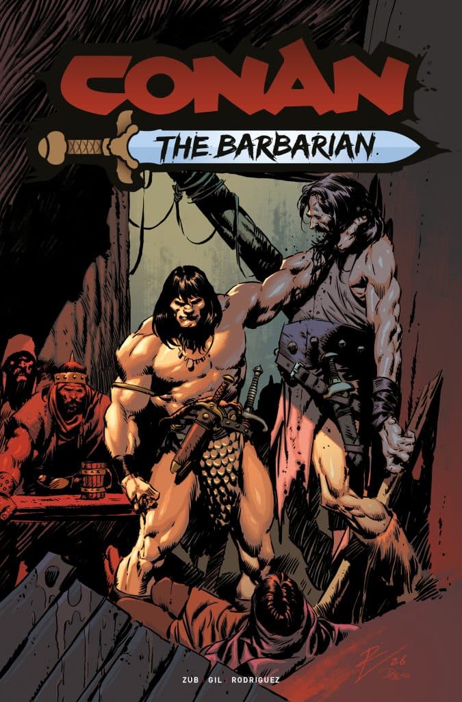 Comic book cover featuring Conan the Barbarian standing confidently with a sword, alongside another muscular character in a dark, moody setting with figures in the background.