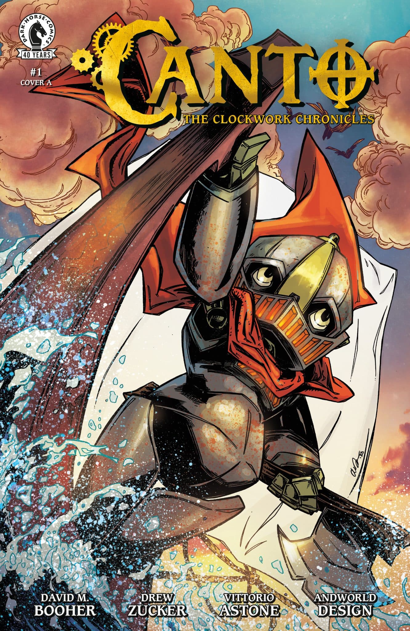 Cover of 'Canto: The Clockwork Chronicles' featuring a small humanoid character in armor and a red cape, standing in water with waves splashing around. The background includes clouds and a colorful sky.
