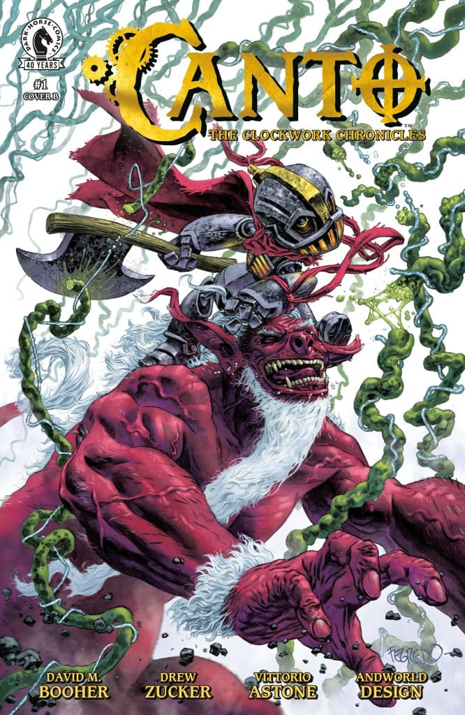 Comic book cover for 'Canto: The Clockwork Chronicles' featuring a muscular, red-skinned character wearing a Santa hat and a mechanical mask, with green vines prominently displayed.