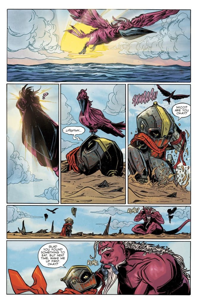 A colorful comic panel featuring a pink bird soaring over the ocean at sunrise. Below, a character in a helmet appears disoriented on the sandy beach, while another character, an unusual creature with a beard, addresses the helmeted character. Speech bubbles convey dialogue between the characters.