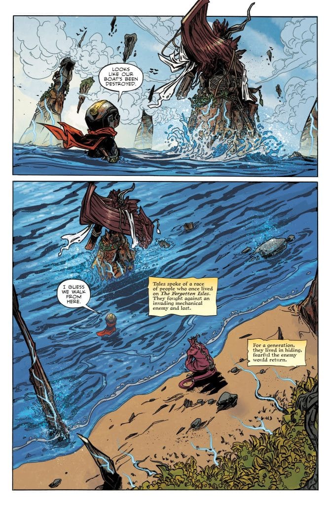 A character in a black and red outfit stands in water, looking at a destroyed boat and rocky island in the background. Another character is seated on the shore, contemplating their next move as they share a story about a past conflict with a mechanical enemy.