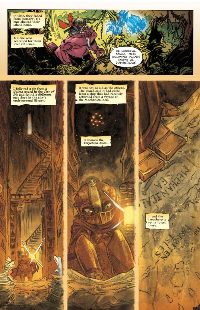 A colorful comic panel featuring a mysterious figure with a red scarf surrounded by glowing plants, warning about their danger.