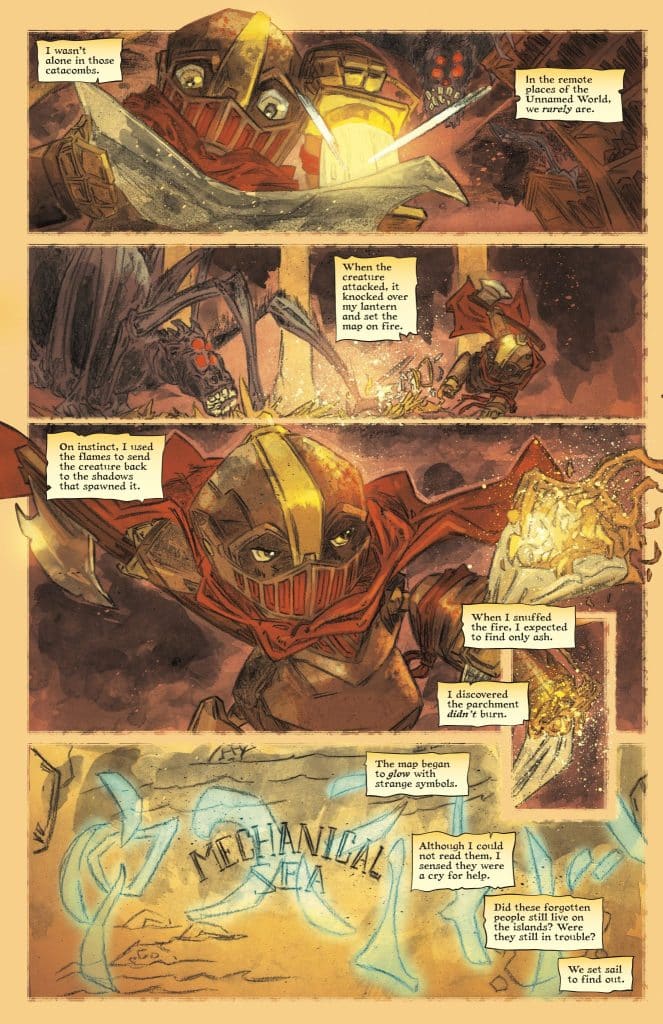 A comic panel depicting a character in a catacomb holding a map, with a creature attacking in the background.